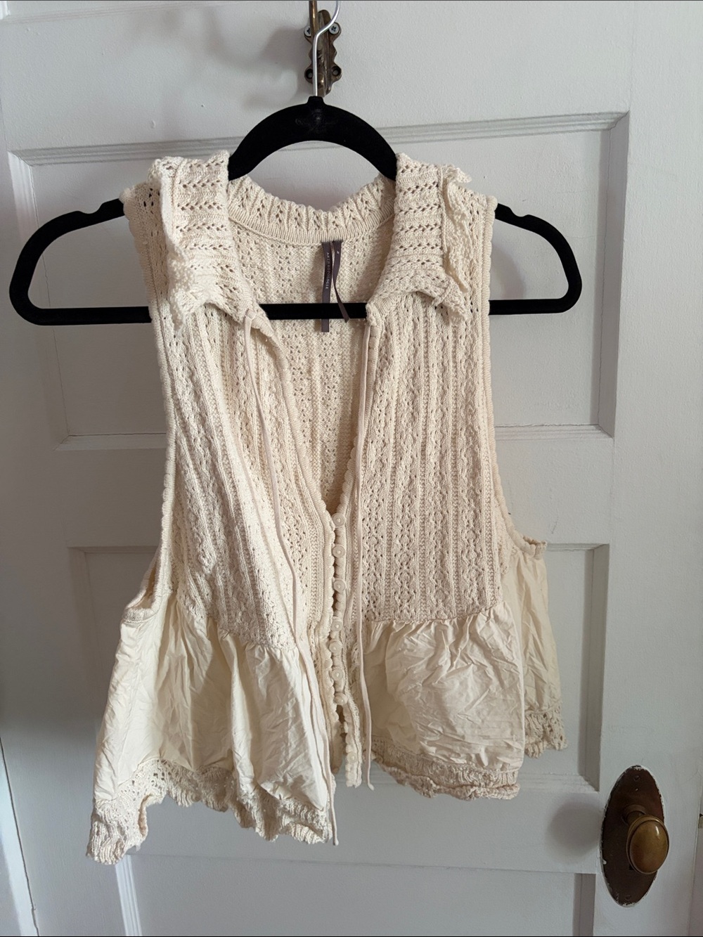 Anthropologie Cream Crochet Button-Front Sleeveless Peplum Top